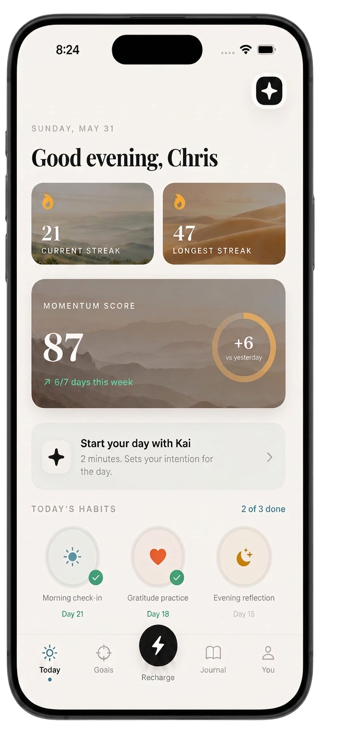 elevateyou app shown on iPhone — home screen with streaks, momentum score, and today's habits